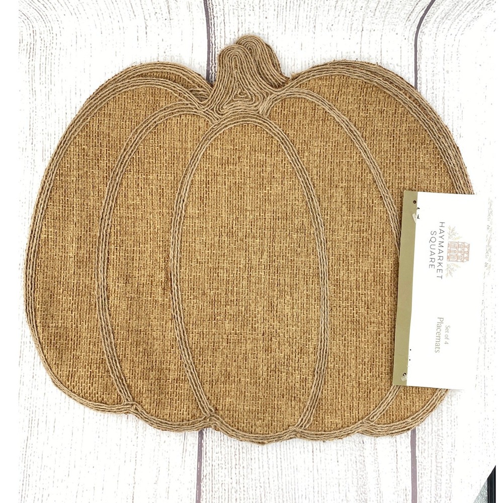 Haymarket Square Pumpkin Placemats (4) Tan Jute Rope Embroidered Fall Autumn